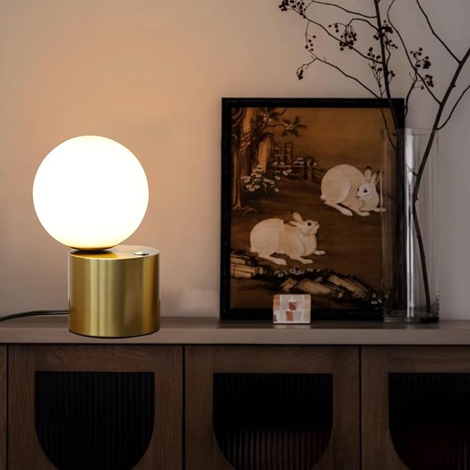 Gold Globe Dimmable Table Lamp Set of 2, Nightstand Lamps Mid Century Modern Desk Lamp with Milk White Glass Shade for Dorm,Bedroom(Low 2 Pack)