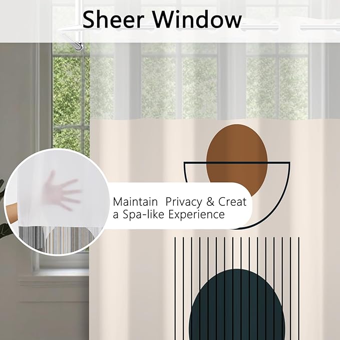 No Hook Boho Shower Curtain with Snap in Liner Set, Modern Geometric Minimalist Pattern, Waterproof Fabric Bath Curtain with Mesh Top Window, 71x74 Inches