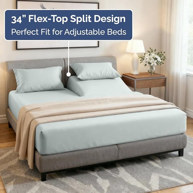 Flex Top Split Head King 4 Piece Sheet Set - Soft, Breathable & Cooling Bed Sheets Set - Hotel Luxury Bedding for Women & Men with Deep Pockets - Wrinkle Free & Fade Resistant - Oeko-Tex - Ice Blue