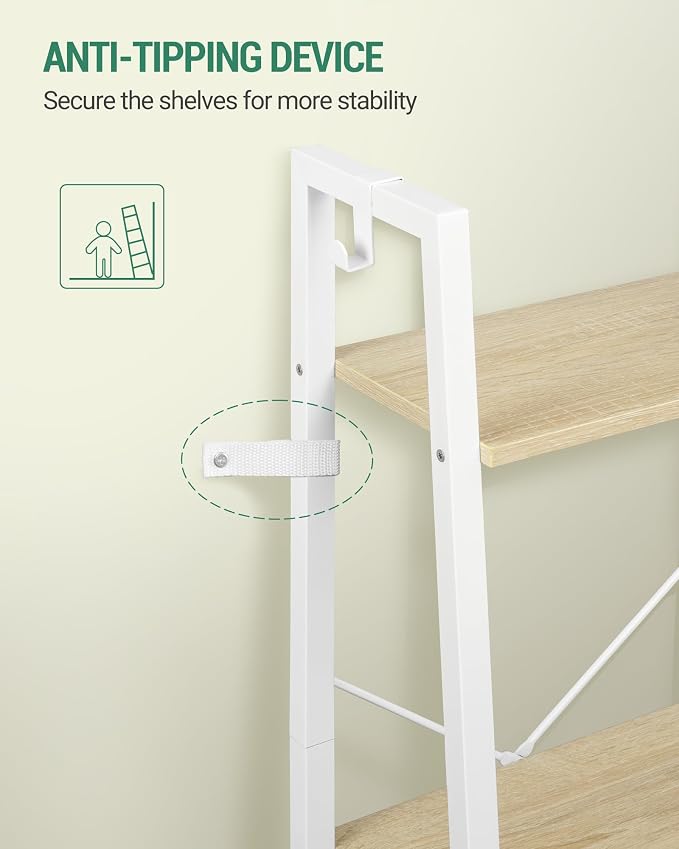 Hzuaneri Ladder Shelf, Bookshelf Bookcase, Freestanding Corner Storage Shelve with 2 Hooks for Home Office, Living Room, Kitchen, Bedroom, Industrial, 11.8" D x 13.4" W x 72.8" H, White Oak and White
