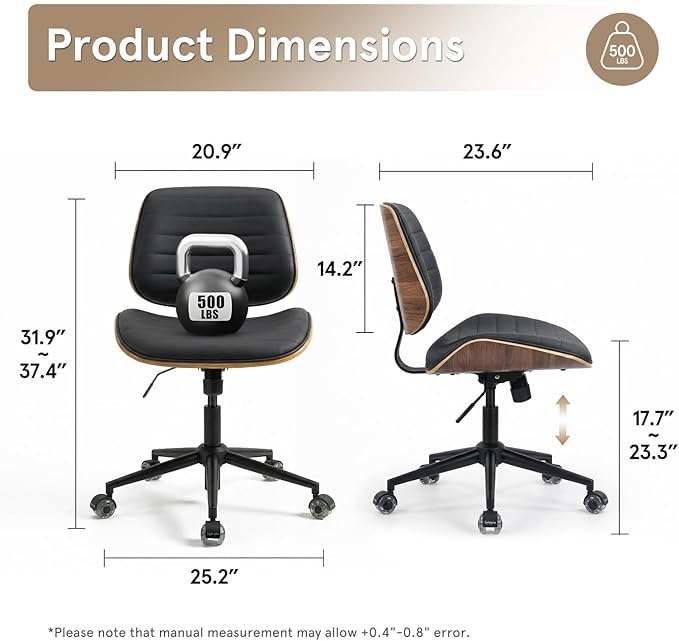 Sytopia Small Desk Chair for Home Office, Adjustable Height Swivel Armless Office Chair No Arms, Mid Century Modern Chair with Wheels, Walnut Wooden Sturdy Furniture, Easy Assembly, Vintage Black