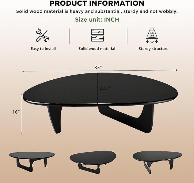 Solid Wood Triangle Coffee Table,Unique Mid Century Modern Oval Coffee Table,Irregular Geometric Tea Tables for Home Living Room with Wooden Tabletop and Reinforced Legs Black 35" L x 24" W x 16" H