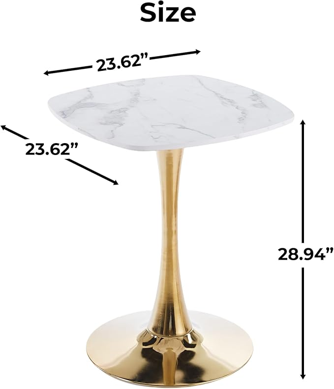 24" Square Tulip Dining Table, White & Gold Modern Pedestal Table for 2-4, Luxury Small Dining Table for Kitchen, Apartment, Bistro, Cafe, Mid Century Modern Design