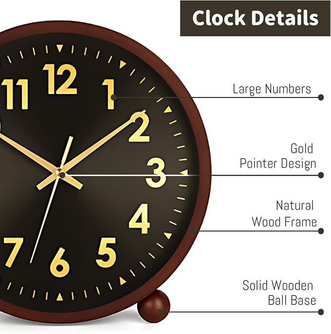 Maxspace Wooden Table Clock,8in Silent Non-Ticking Desk Clock,Battery Operated Desktop Analog Clock for Living Room Office Bedroom Decor (Black Gold - Walnut, Wooden Ball Base)