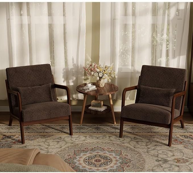 Garvee Mid-Century Accent Chair Set of 2, Sherpa Upholstery, Cozy Reading Chair, Modern Lounge Armchair with Lumbar Pillow, Sturdy Wood Frame, for Living Room, Bedroom, Office, Brown