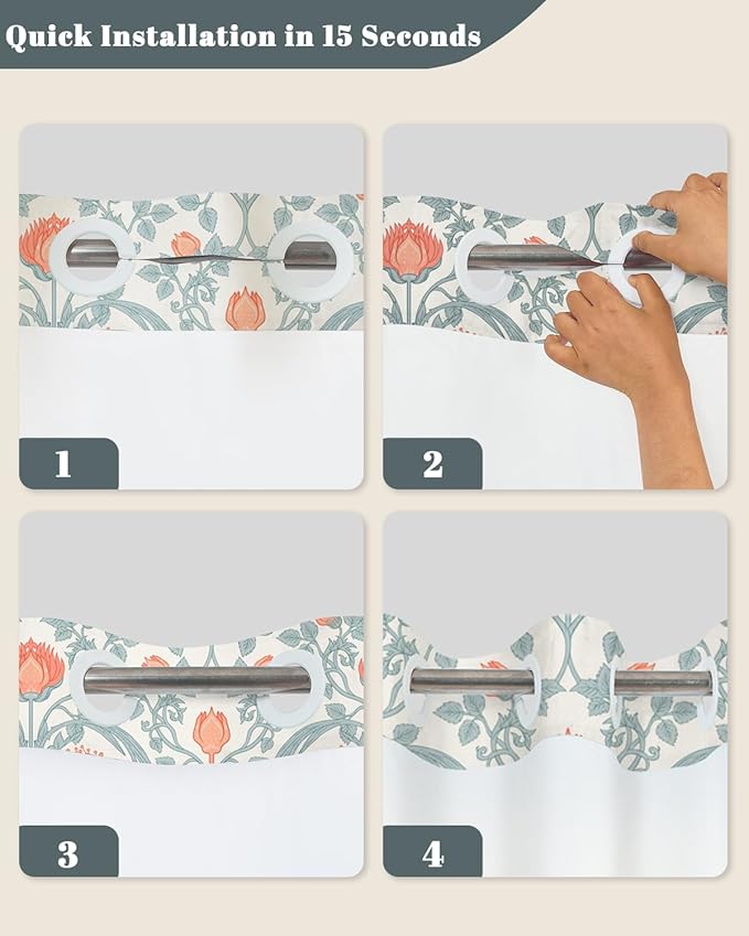 No Hook Shower Curtain with Snap in Liner Set - Vintage Coral Floral & Botanical Pattern Shower Curtains for Cottagecore Farmhouse Bathroom, Mesh Top Waterproof Bath Tub Curtain, 71Wx74H