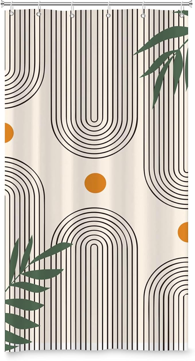 Boho Mid Century Shower Curtain Bohemian Minimalist Geometric Arch Sun Bathroom Curtain Sage Green Plant Polyester Shower Curtain Sets for Bathroom Extra Long 36x72 in with 6 Hooks