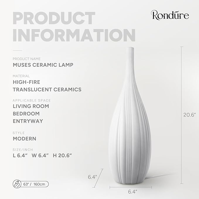 RONDURE 20.6" Modern Ceramic Table Lamp, Modern Bedside Lamps for Bedroom, Living Room and Nightstand, White Translucent Ceramic Shade, Warm Ambient Lighting, Home Decor