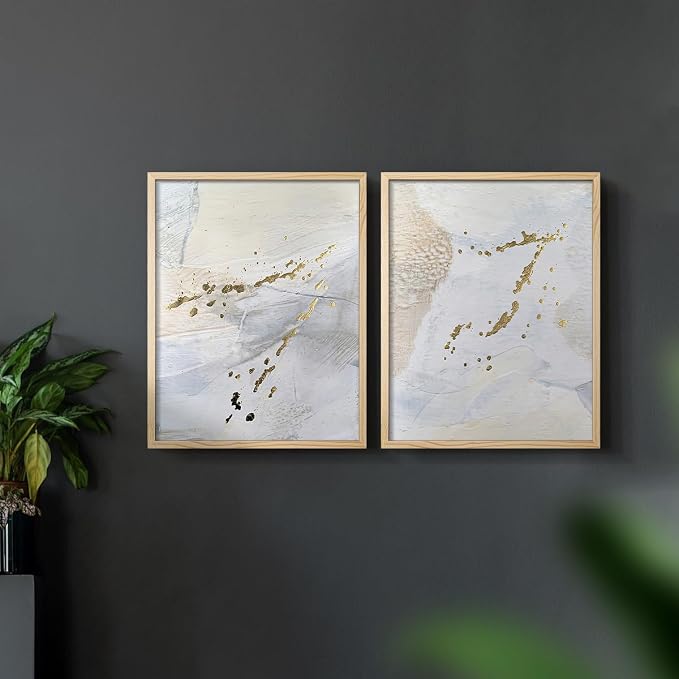 Renditions Gallery Set of 2 Peel & Stick Framed Prints, Modern Abstract Wall Art, Gold Sprinkle Oil Painting Wall Decor, Re-Stickable - Ready to Hang - 8"x10" - NATURAL WOOD Frame LT588