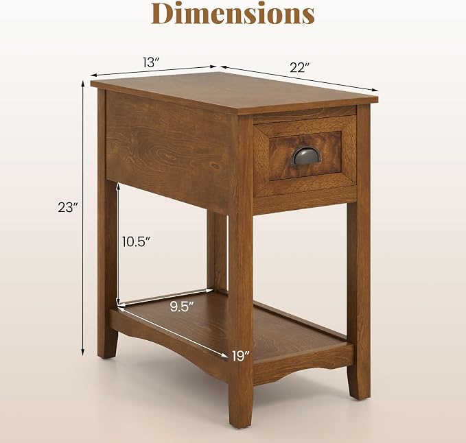 Giantex End Table with Drawer, Retro Narrow Side Table, Nightstand with Solid Wood & Storage Shelf, Bedside Table for Living Room Bedroom Small Space Home Office (1, Tawny)