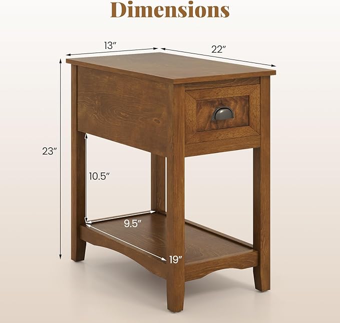 Giantex End Table with Drawer, Retro Narrow Side Table, Nightstand with Solid Wood & Storage Shelf, Bedside Table for Living Room Bedroom Small Space Home Office (2, Tawny)