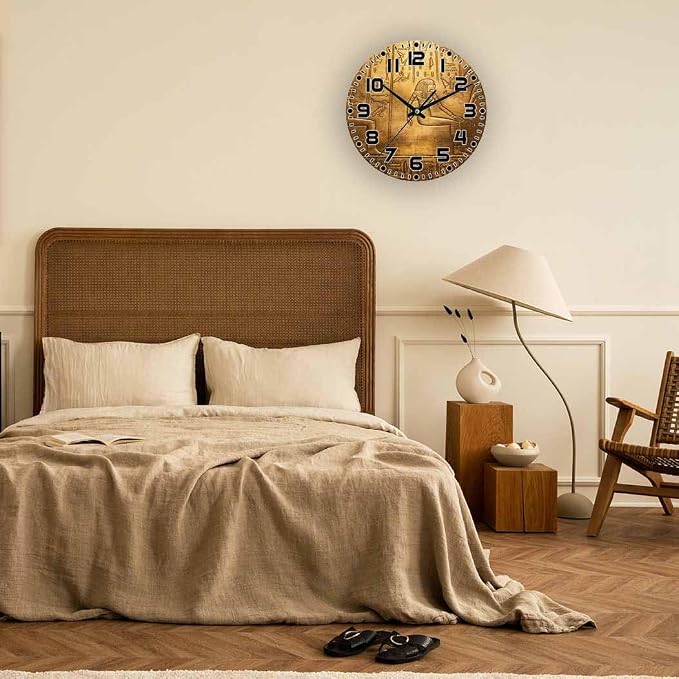 Egyptian Hieroglyphics Wall Clock Ancient Golden Art Historical Civilization Battery Powered Wall Clock Silent Non Ticking 10 Inch for Living Room, Kitchen, Home,Bathroom, Bedroom