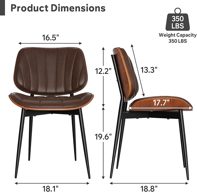 Dining Chairs Set of 6, Mid Century Modern Dining Room Chairs, Upholstered Faux Leather Kitchen Chairs with Walnut Bentwood Back and Metal Legs