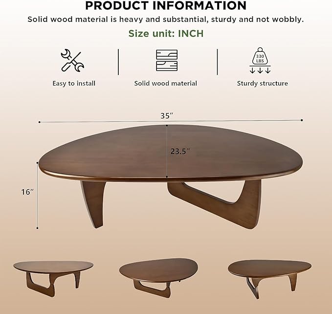 Solid Wood Triangle Coffee Table,Unique Mid Century Modern Oval Coffee Table,Irregular Geometric Tea Tables for Home Living Room with Wooden Tabletop and Reinforced Legs Walnut 35" L x 24" W x 16" H