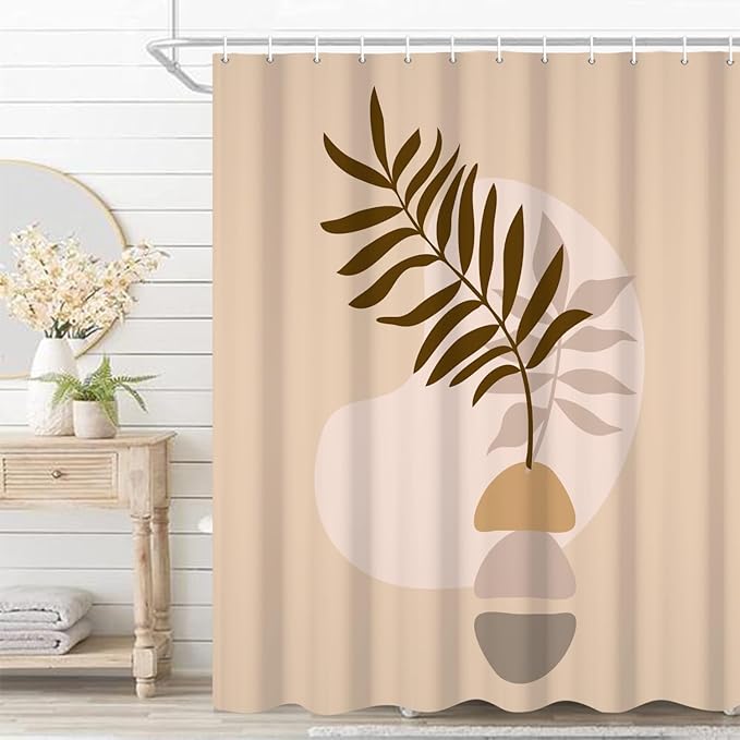 Abstract Bohemian Shower Curtain - Eucalyptus Leaves Boho Beige With Hooks, Waterproof Fabric Polyester for Modern Aesthetics Home Decorative, 65x72 Inch