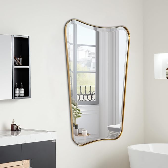 POZINO Irregular Beveled Mirrors, 24"x40" Brushed Gold Vanity Mirror for Over Sink, Brass Unique Shaped Mirrors Decorative, Rectangle Wall Mirror for Bathroom Living Room Bedroom Hallway Entryway