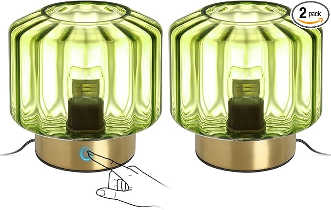 Glass Table Lamp of 2 Touch Table lamp Mid Century Modern lamp Gold Desk lamp nightstand lamp Green Glass Table Lamps Small Table Light for Bedside end Table Bedroom Living Room Office