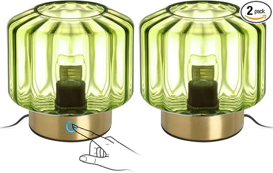 Glass Table Lamp of 2 Touch Table lamp Mid Century Modern lamp Gold Desk lamp nightstand lamp Green Glass Table Lamps Small Table Light for Bedside end Table Bedroom Living Room Office