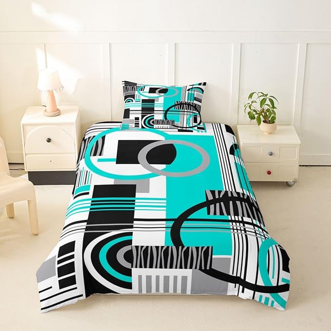 Erosebridal Art Deco Mid Century Duvet Cover Set Retro Modern Abstract Geometric Twin Bedding Sets for Girls Teen Boys Black and White Teal Circles Stripes Comforter Cover Contemporary Bed Set