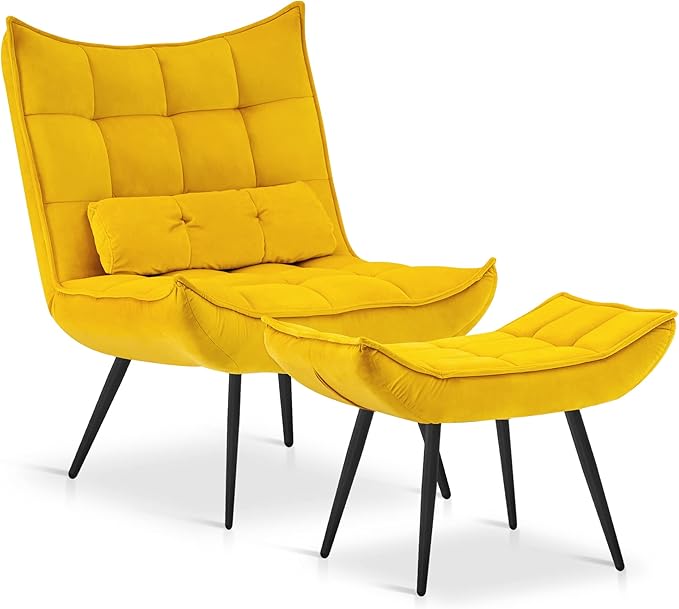 MCombo Accent Chair with Ottoman, Modern Velvet Wingback Lounge Chair, Upholstered Club Chair for Small Space, Living Room & Bedroom 4079 (1, Yellow)