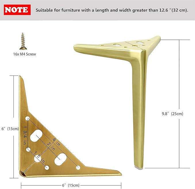 9.8 inch/25cm Brushed Gold Metal Furniture Legs Set of 4, DIY Replacement for Cabinet Legs, Sofa Legs, Chair Legs
