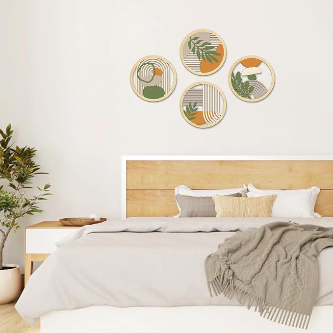 TOARTi 4Pieces Boho Botanical Wooden Wall Art,Abstract Bohemian Hanging Art,Farmhouse Geometric Neutral Round Wall Decor,Mid Century Minimalist Aesthetic Plant Artwork for Bedroom Living Room Office