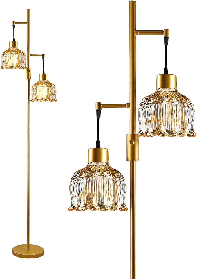 Lightdot 2- Light Gold Flower Floor Lamp, 65IN Amber Glass Floor Lamps with 3000K Warm White Bulbs, Modern Standing Tall Lamp with 5Lbs Heavy Base for Living Room Bedroom Home Office Sofa Beside