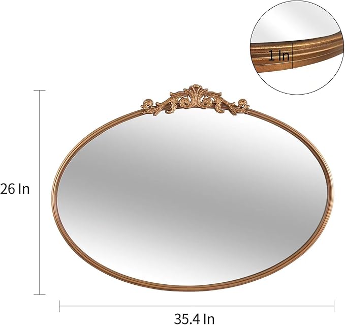 Gold Oval Mirror for Wall,Baroque Fireplace Decor,Brass Wall Mirror,Victorian Vintage with Full Matel Frame,Ornate Entryway/Bathroom/Living Room/Hallway 36''X24'' (XD-004ZM)