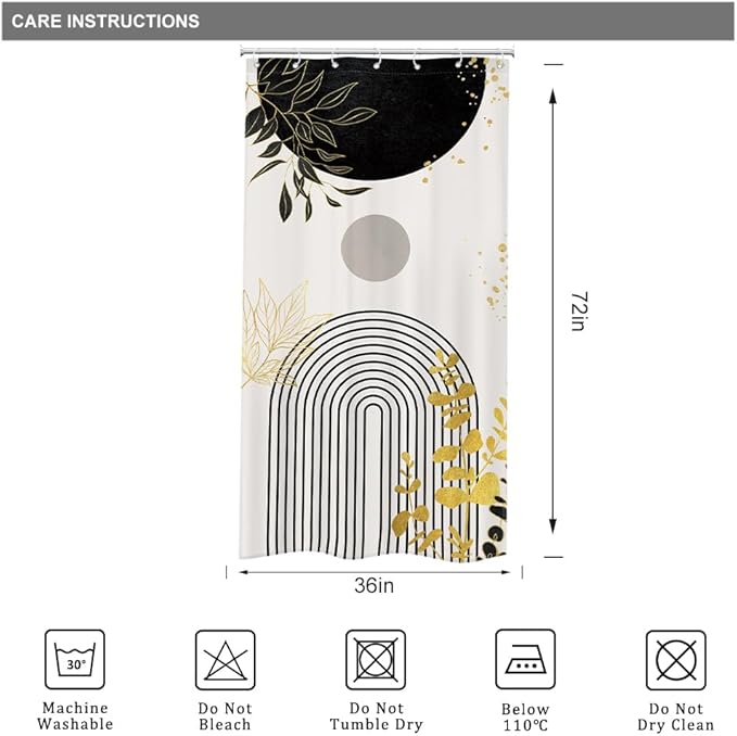 Riyidecor Small Stall Black Gold Boho Shower Curtain for Bathroom Decor 36Wx72H Mid Century Modern Abstract Gold Leaves Minimalist Geometric Art Printed Fabric Polyester Waterproof 7 Pack Plastic Hook