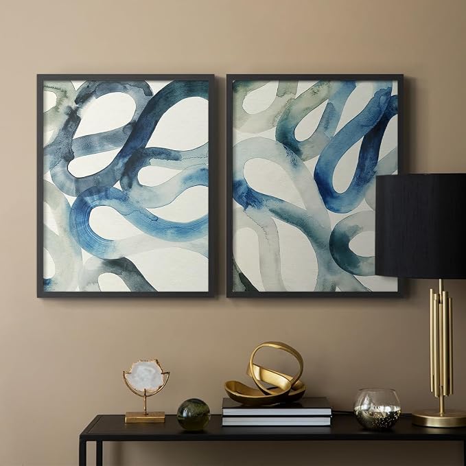 Renditions Gallery Set of 2 Peel & Stick Framed Prints, Watercolor Abstract Wall Art, Aquatic Water and Sand Strokes Wall Decor, Re-Stickable - Ready to Hang - 22"x28" - Black Frame LT588