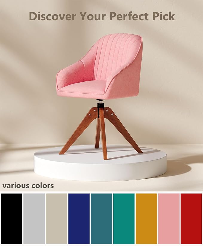 OS MOTOR Modern Swivel Accent Chair with Arms, Upholstered Desk Chair No Wheels, Mid-Century Fabric Armchair with Oak Wood Legs for Home Office, Bedroom, Vanity, Pink