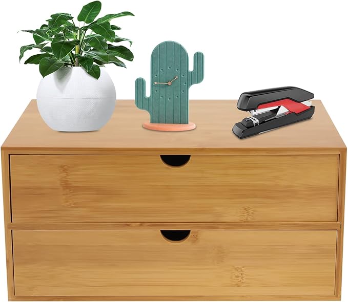 Bamboo Desk Organizer Small Retro Bamboo Tabletop Storage Box with Drawers& Recess Handles for Office Home Supplies Table Storage Collector 13 * 7.5 * 6in (2 Drawers)