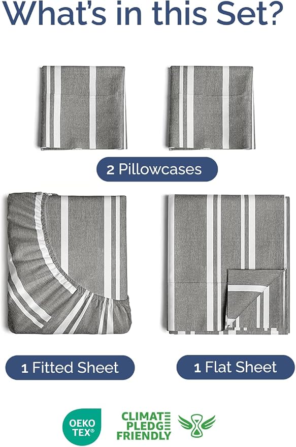 Extra Deep Twin Sheet Set - 4 Piece Breathable and Cooling Sheets - Hotel Luxury Bedding for Women, Men, Kids & Teens - Easy & Secure Fit - Soft and Wrinkle Free - Extra Deep Pockets - Grey Stripes