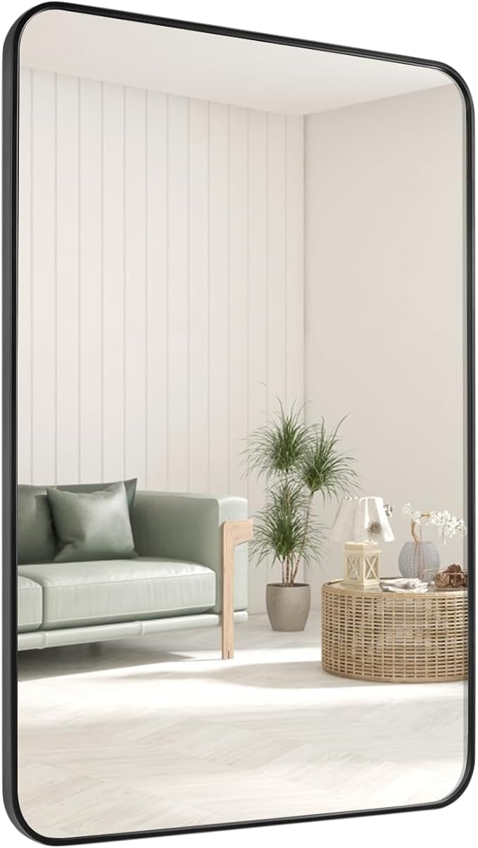 Black Bathroom Mirror 20X30 Inch Rounded Rectangle Wall Mirror Stainless Steel Metal Frame Vanity Mirror Anti-Rust for Entryway, Bathroom, Vanity, Living Room Hangs Vertically or Horizontally