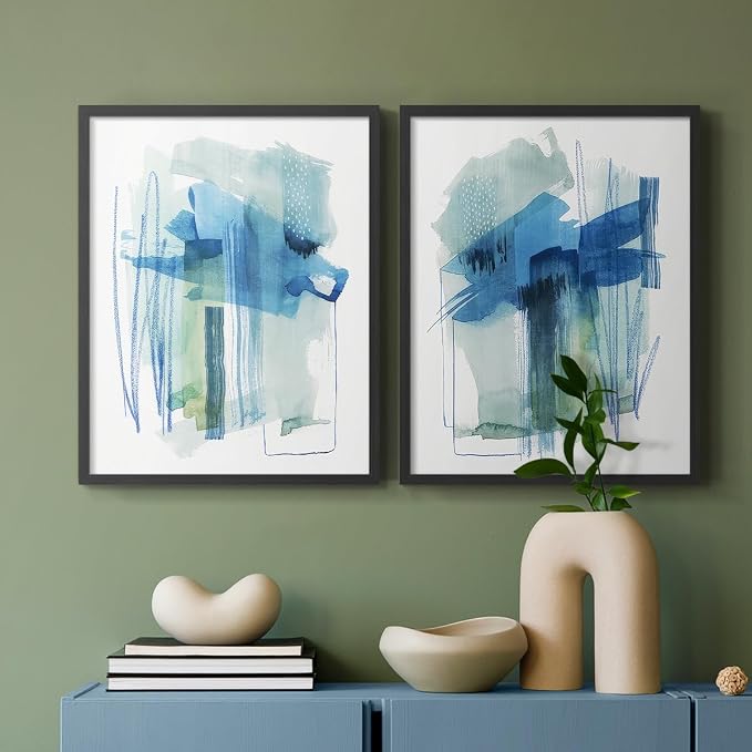 Renditions Gallery Set of 2 Peel & Stick Framed Prints, Modern Abstract Wall Art, Blue and Neutral Bold Brushstrokes Wall Decor, Re-Stickable - Ready to Hang - 16"x20" - Black Frame LT588