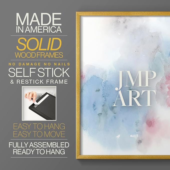 Renditions Gallery Set of 2 Peel & Stick Framed Prints, Watercolor Abstract Wall Art, Cotton Candy Splash Wall Decor, Re-Stickable - Ready to Hang - 8"x10" - GOLD Frame LT588
