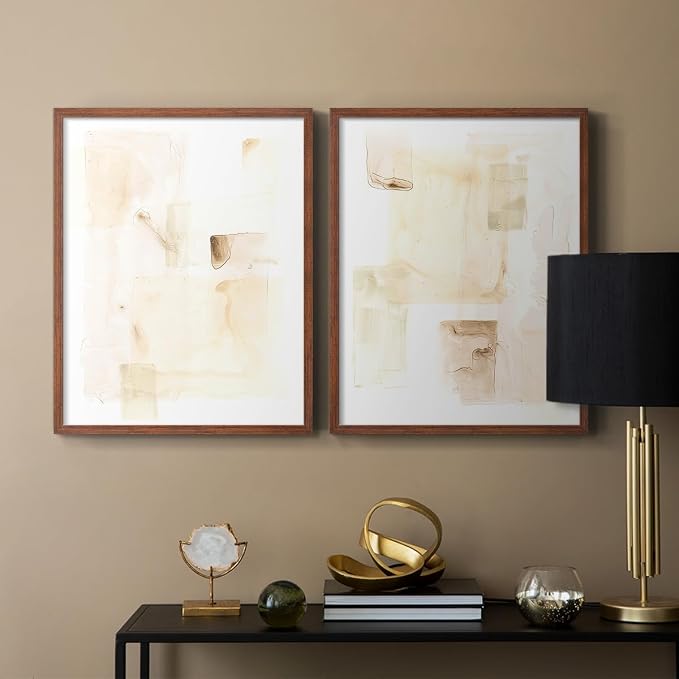 Renditions Gallery Set of 2 Peel & Stick Framed Prints, Abstract Wall Art, Mixed Handmade Oil Painting Wall Decor, Re-Stickable - Ready to Hang - 8"x10" - Walnut Frame LT588