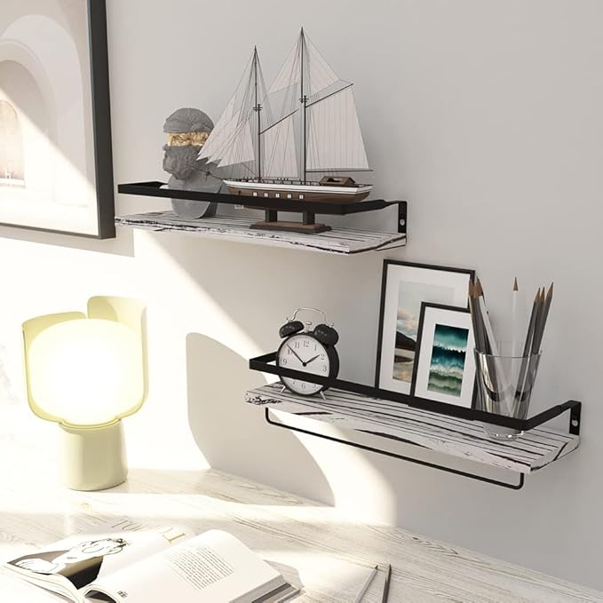 Floating Shelves for Wall, Bathroom Shelves with Towel Bar, Wall Mounted Storage Shelves for Kitchen, Bathroom, Set of 2 Grey