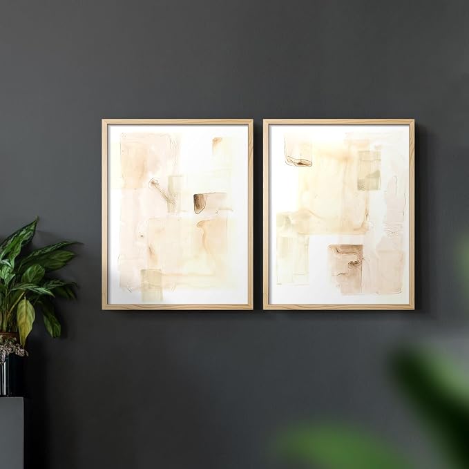 Renditions Gallery Set of 2 Peel & Stick Framed Prints, Abstract Wall Art, Mixed Handmade Oil Painting Wall Decor, Re-Stickable - Ready to Hang - 11"x14" - NATURAL WOOD Frame LT588