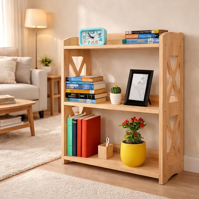 Wooden 3 Tier Bookshelf, Small Wood Bookcase Storage Shelf, Open Shelf Organizer for Bedroom, Living Room and Office (Natural, 3 Tier)