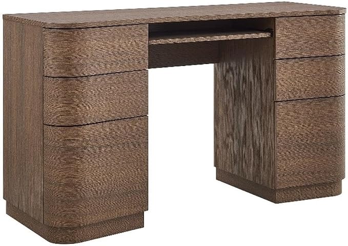 Modway Mirae 55 Inch Computer Desk with Drawers in Brushed Brown Oak – Modern Compact Office Desk with Keyboard Tray, Curved Edges, and 6 Storage Drawers for Bedroom, Dorm Room, or Vanity Setup