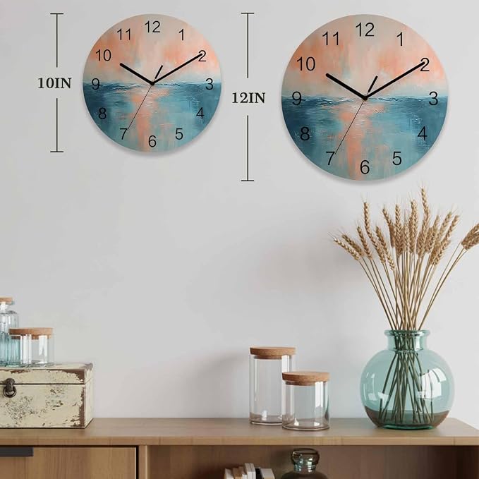 Oil Painting Style Wall Clock Battery Operated Non-Ticking 10" Round Wood Clocks, Abstract Yellow Blue Ocean Sunset Kitchen Wall Clock for School Bathroom Living Room Home Office Wall Decor
