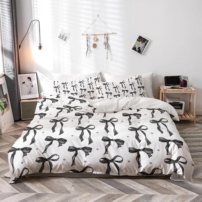 Trendy Y2k Black Bows Duvet Cover Full King Size Black White Bowknot Bed Quilt Cover Kids Girls Lady Women Soft Bedding Set for Teens Funky Preppy Girly Coquette Bedroom Dorm Decor 104"x88"