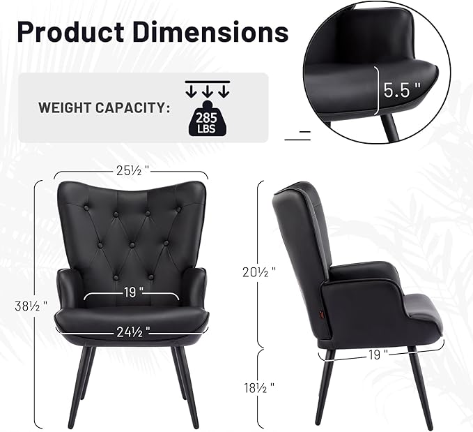 Furniliving PU Leather Accent Chair for Living Room, Upholstered Reading Chair with High Backrest, Tufted-Button Wingback Armchair for Bedroom, Dressing Room, Home Office, Black