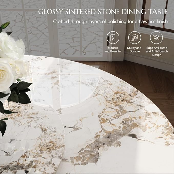 POVISON 51" Modern Round Dining Table with Lazy Susan, White Round Kitchen Table for 4, Sintered Stone Dining Room Table top with Bronze X Carbon Steel Base (Dining Table Only)