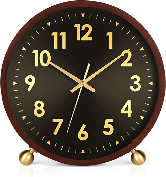 Maxspace Wooden Table Clock,8in Silent Non-Ticking Desk Clockwith Gold Ball Base, Battery Operated Desktop Analog Clock for Living Room Office Bedroom Decor (Black Gold - Walnut, Copper Ball Base)
