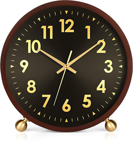 Maxspace Wooden Table Clock,8in Silent Non-Ticking Desk Clockwith Gold Ball Base, Battery Operated Desktop Analog Clock for Living Room Office Bedroom Decor (Black Gold - Walnut, Copper Ball Base)