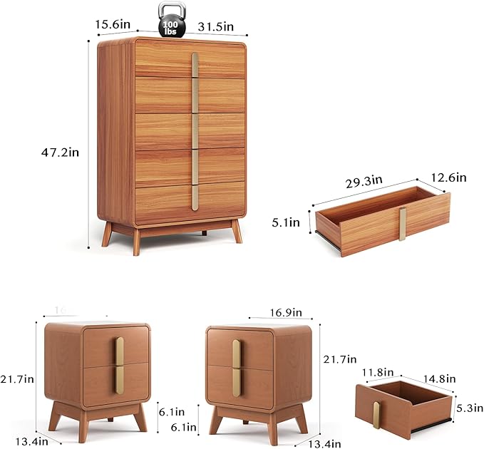 Mid Century Modern Bedroom Sets, 5 Drawer Dresser and Nightstand Sets for Bedroom, Night Stand Set 2 & 5 Drawer Dresser with Gold Handles, Wood Chest of Drawers Storage Cabinet Set, Cherry