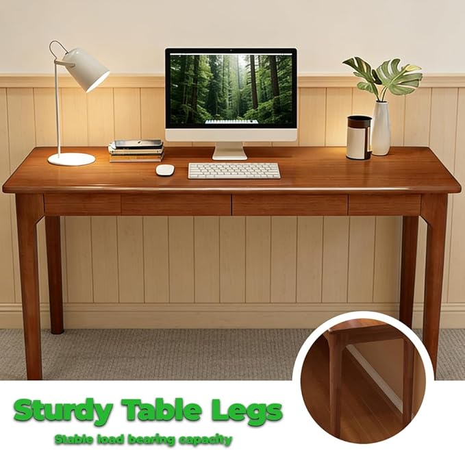 100% Solid Wood Desk, Rubberwood Office Desk with Drawers, Mid Century Modern Desk Table, Narrow Desk for Bedroom, Living Room & Office, Walnut Color,23.6 inch