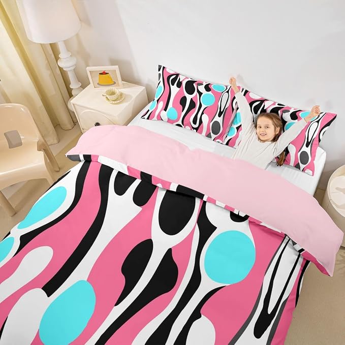 Erosebridal Mid Century Modern Abstract Duvet Cover Set Vintage Geometric Queen Bedding Set for Preteen Boys Girls Contemporary Organic Shapes Comforter Cover Squiggle Blob Bed Sets,Pink Turquoise